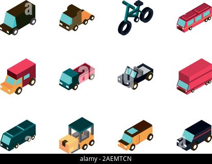 Transport auto Lkw Fahrzeuge isometrische Icons Set Vector Illustration Stock Vektor