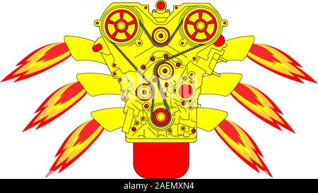 Verbrennungsmotor mit Feuer aus dem Auspuff. Vektor-Illustration. Stock Vektor