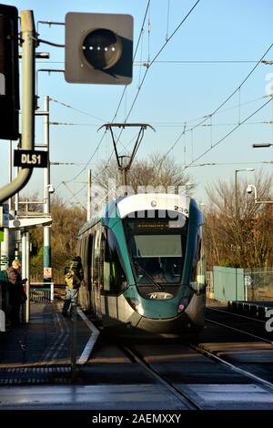 Nottingham Straßenbahn an der Haltestelle David Lane, Basford, Nottingham, England, Großbritannien Stockfoto