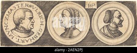 Drei Medaillen mit Porträts von Sebald Beham, die drei kreisförmige Medaillen mit jeweils einem Porträt darstellen und deutsche Stiche, Porträts und numismatische Kunst des 16. Jahrhunderts illustrieren. Stockfoto