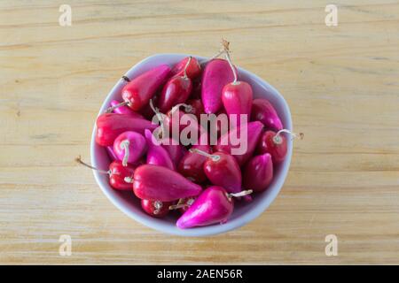 Pitiguey tropische Frucht in weißer Schale auf Holztisch. Von Oben Nach Unten. Stockfoto