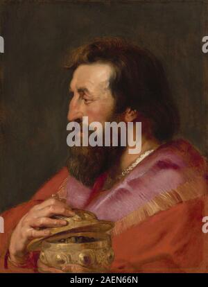 Ein Gemälde von Sir Peter Paul Rubens und seinem Atelier, das den Kopf von Melchior, einem der drei Könige, zeigt, dargestellt als der assyrische König, schuf um 1618 und betonte Portrait, Farbe und barocke Komposition. Stockfoto
