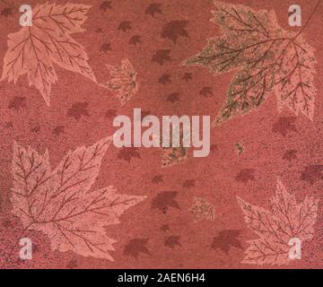 Abstraktes Saisonpapier. Handgezogene Herbstblätter auf strukturiertem Papier. Glitzernde, belaubte Kunstwerke. Perfekt für Grüße, Deko, druckbar, Scrapbooking. Stockfoto