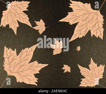 Abstraktes Saisonpapier. Handgezogene Herbstblätter auf strukturiertem Papier. Glitzernde, belaubte Kunstwerke. Perfekt für Grüße, Deko, druckbar, Scrapbooking. Stockfoto