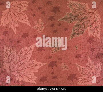 Abstraktes Saisonpapier. Handgezogene Herbstblätter auf strukturiertem Papier. Glitzernde, belaubte Kunstwerke. Perfekt für Grüße, Deko, druckbar, Scrapbooking. Stockfoto