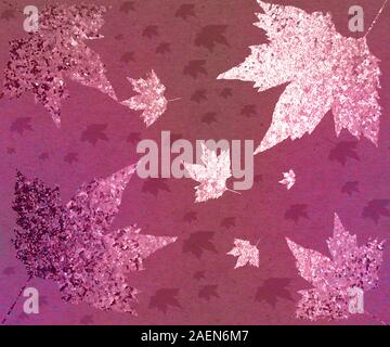 Abstraktes Saisonpapier. Handgezogene Herbstblätter auf strukturiertem Papier. Glitzernde, belaubte Kunstwerke. Perfekt für Grüße, Deko, druckbar, Scrapbooking. Stockfoto