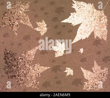 Abstraktes Saisonpapier. Handgezogene Herbstblätter auf strukturiertem Papier. Glitzernde, belaubte Kunstwerke. Perfekt für Grüße, Deko, druckbar, Scrapbooking. Stockfoto
