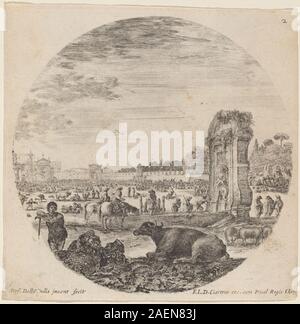 Eine Gravur von Stefano Della Bella aus dem Jahr 1646, die den Campo Vaccino darstellt, die Stadtlandschaft, Architektur, Ruinen, Straßen, menschliche Figuren und italienische Stadtbilder aus dem 17. Jahrhundert. Stockfoto