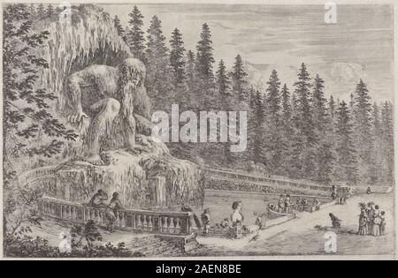 Diese Gravur von Stefano Della Bella, wahrscheinlich 1653, zeigt die kolossale Statue des Apennins. Es zeigt eine massive Skulptur, felsige Landschaft, architektonische Elemente und detaillierte Linienarbeiten, die typisch für die italienische Druckerei des 17. Jahrhunderts sind. Stockfoto