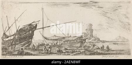 Dieser Druck von Stefano Della Bella, 1644, zeigt einen Hafenblick, der Schiffe, Wasser, Docks, Gebäude, Figuren, Segel und italienischer Stich aus dem 17. Jahrhundert. Stockfoto