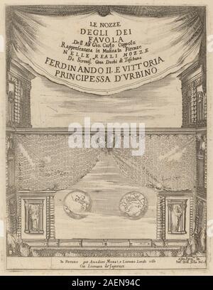Stich von Stefano Della Bella aus dem Jahr 1637 mit dem Frontispiece von „Le Nozze degli Dei“, das mythologische Gottheiten, symbolische Figuren und ornamentales Renaissancedesign zeigt. Stockfoto