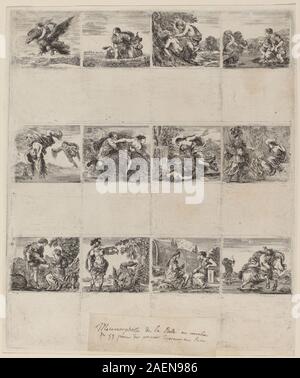 Ein Stich von Stefano Della Bella aus dem Jahr 1644, der eine Reihe mythologischer Spielkarten mit Figuren aus der klassischen Mythologie und dekorativen Motiven darstellt. Stockfoto