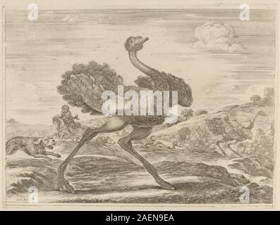 Ätzung von Stefano Della Bella, die eine Straußenjagd darstellt, die Jäger zu Pferd zeigt, Hunde, Strauße, Landschaft, Jagdwaffen, und die europäische Sportaktivität des 17. Jahrhunderts. Stockfoto