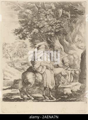 Ein Druck von Stefano Della Bella, der den Flug nach Ägypten darstellt und Maria, Josef und Jesus zeigt, wie sie mit Tieren in einer Landschaft reisen, die typisch für religiöse Szenen des 17. Jahrhunderts ist. Stockfoto