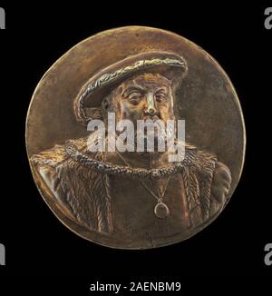 Ein Porträt von Heinrich VIII., König von England von 1509, mit Gesichtszügen, Kleidung, Krone, Haltung, und nordeuropäischer königlicher Porträtstil aus dem 16. Jahrhundert. Stockfoto