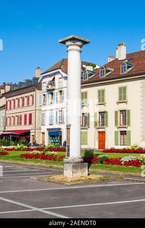 Römische Korinthischen Säule von Noviodunum in Nyon. Nyon ist eine Stadt am Ufer des Genfer Sees im Kanton Waadt in der Schweiz Stockfoto