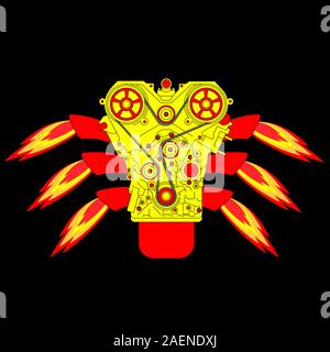 Verbrennungsmotor mit Feuer aus dem Auspuff. Vektor-Illustration. Stock Vektor