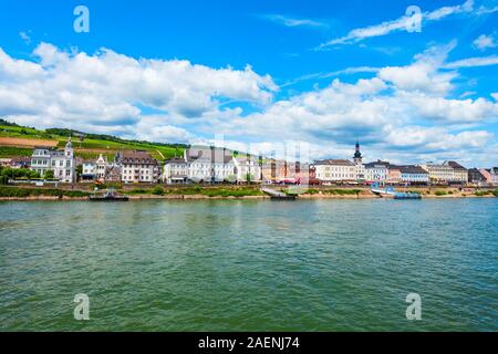 Rüdesheim Antenne Panoramablick. Rüdesheim ist eine weinbereitung Stadt im Mittelrheintal in Deutschland. Stockfoto