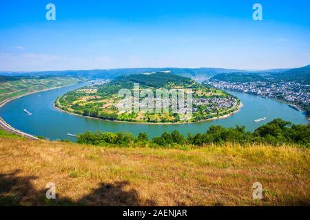 Boppard Stadt Antenne Panoramablick vom Aussichtspunkt Gedeonseck. Boppard ist die Stadt am Rhein in Deutschland. Stockfoto