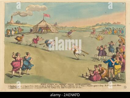 Ein 1811 erschienener Druck von Thomas Rowlandson zeigt ein ländliches Cricketspiel mit Spielern, Zuschauern, Sportausrüstung und britischer Freizeitszene aus dem 19. Jahrhundert. Stockfoto