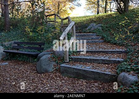 Sitzbank und Steintreppen in einem Park in der fallenden Blätter im Herbst Stockfoto