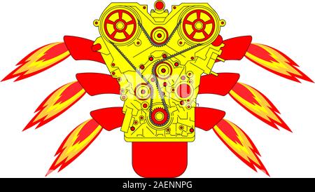 Verbrennungsmotor mit Feuer aus dem Auspuff. Vektor-Illustration. Stock Vektor