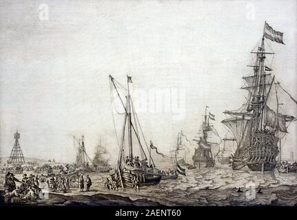 Die Upertrevoux war einer der größten niederländischen Kriegsschiffe Ihres Tages und wurde errichtet, im Jahre 1645 an der Rotterdam 1659 Willem van de Velde 1611-1693, Niederländisch, Niederlande, (Upertrevoux war ein Schiff der Linie an der Maas, Admiralität, Teil der Marine der Vereinigten Provinzen der Niederlande, und das Flaggschiff der niederländischen Flotte in der Ersten Englisch-Niederländischen Krieg. Im Laufe ihrer Karriere hat sie von 49 bis 59 Pistolen. Admiral Witte de Mit. Sie war nach Johan Wolfert van Bréderode, der Schwager von stadthalter Friedrich Heinrich, Prinz von Oranien benannt. ) Stockfoto