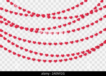 Rotes Papier Herzen Girlande auf einem transparenten Hintergrund isoliert. Valentine's Day Feier oder Hochzeit Konzept. Stock Vektor