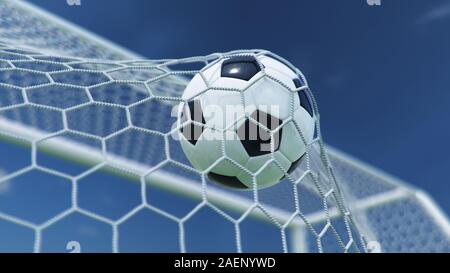 3D-Illustration Soccer Ball flog in das Ziel. Fußball beugt die Net, vor dem Hintergrund des blauen Himmels. Soccer Ball im Ziel net auf schönen Stockfoto