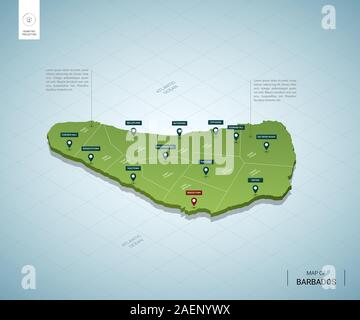 Stilisierte Karte von Barbados. Isometrische 3D-grüne Karte mit Städten, Ländergrenzen, Hauptstadt Bridgetown, Regionen. Vector Illustration. Bearbeitbare Layer beschriften Stock Vektor