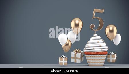 Nummer 5 Gold geburtstag Cupcake mit Ballons und Geschenke. 3D-Rendering Stockfoto