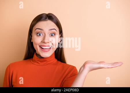 Schließen Sie herauf Foto der weißen Fröhliche attraktive süße Freundin zeigen Sie etwas in der Hand das Tragen der roten Rollkragenpullover isoliert beige Farbe Pastell Stockfoto