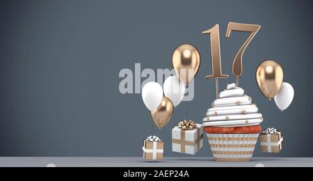 Nummer 17 gold Geburtstag Cupcake mit Ballons und Geschenke. 3D-Rendering Stockfoto