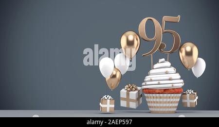 Nummer 95 gold Geburtstag Cupcake mit Ballons und Geschenke. 3D-Rendering Stockfoto