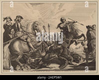 Willem van der Leeuws Kupferstich nach Sir Peter Paul Rubens zeigt Jäger, die Wölfe mit Hunden und Pferden verfolgen, wobei dynamische Action, Anatomie und flämische Gravurtechniken des frühen 17. Jahrhunderts betont werden. Stockfoto