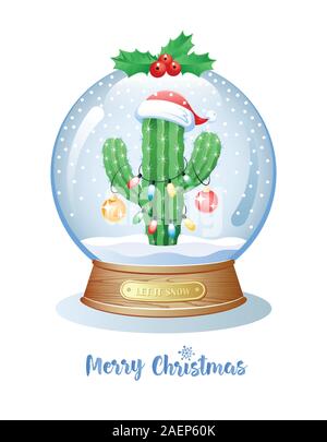 Frohe Weihnachten. Grußkarte mit Kakteen und Weihnachten Licht in einer Schneekugel. Vector Illustration. Stock Vektor