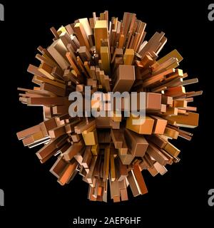 3D-Render eines abstrakten kugelige Form mit Extrudierten Quadrate isoliert auf schwarzem Hintergrund Stockfoto