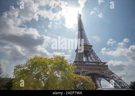 Eiffel Turm neben Baum in der Sonne Weitwinkel Stockfoto