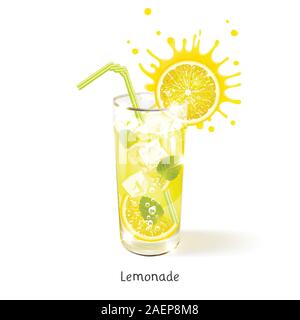 Erfrischende Limonade in einem Glas auf weißem Hintergrund Stock Vektor