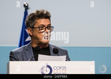 Spanische Musiker, Alejandro Sanz spricht während der 8. Tag UN-Klimakonferenz COP 25 Chile-Madrid. Stockfoto