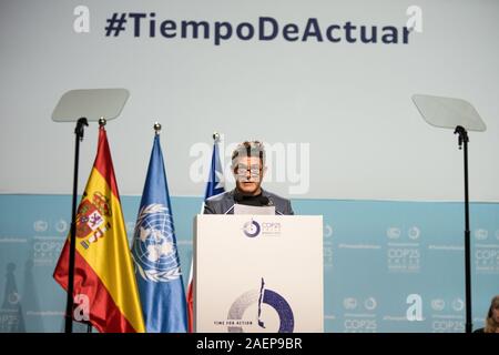 Spanische Musiker, Alejandro Sanz spricht während der 8. Tag UN-Klimakonferenz COP 25 Chile-Madrid. Stockfoto