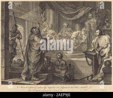 Stich von William Hogarth aus dem Jahr 1752, der die biblische Szene des Paulus vor Felix darstellt, Figuren, Haltung, Kleidung, Architektur, und britischer Erzählstil aus der Mitte des 18. Jahrhunderts. Stockfoto
