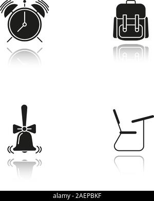 Schule Schatten schwarz Glyphe Symbole gesetzt. Student's Rucksack, Wecker, Klingeln Schule Bell, Schreibtisch. Isolierte Vektorgrafiken Stock Vektor