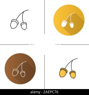 Eiche Frucht Zweig Symbol. Flache Bauweise, lineare und Farbe Stile. Eicheln. Isolierte Vektorgrafiken Stock Vektor