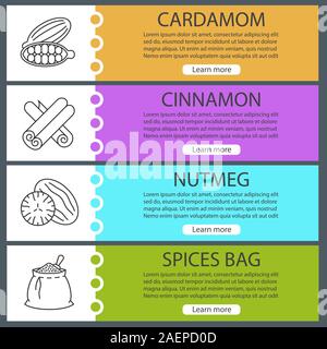 Gewürze Web Banner Vorlagen eingestellt. Kardamom, Zimt, Muskatnuss, Gewürzen Tasche. Website Farbe Menüpunkte mit linearen Symbolen. Vektor header Design Konzepte Stock Vektor