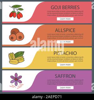 Gewürze Web Banner Vorlagen eingestellt. Goji Beeren, Piment, Pistazien, Safran. Website Farbe Menüpunkte. Vektor header Design Konzepte Stock Vektor