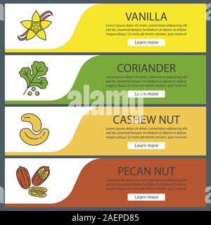 Gewürze Web Banner Vorlagen eingestellt. Vanille Blume, Koriander, Cashew und Pekannuss. Website Farbe Menüpunkte. Vektor header Design Konzepte Stock Vektor