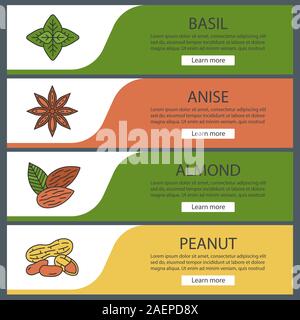 Gewürze Web Banner Vorlagen eingestellt. Basilikum, Anis, Mandeln, Erdnüsse. Website Farbe Menüpunkte. Vektor header Design Konzepte Stock Vektor