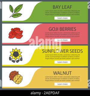 Gewürze Web Banner Vorlagen eingestellt. Lorbeer, Goji Beeren, Sonnenblumenkerne, Nussbaum. Website Farbe Menüpunkte. Vektor header Design Konzepte Stock Vektor