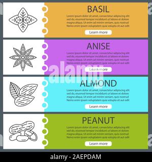 Gewürze Web Banner Vorlagen eingestellt. Basilikum, Anis, Mandeln, Erdnüsse. Website Farbe Menüpunkte mit linearen Symbolen. Vektor header Design Konzepte Stock Vektor